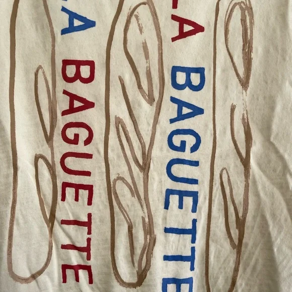 Cream Graphic Tee with Baguette Design Anthropologie slub - Picture 3 of 5